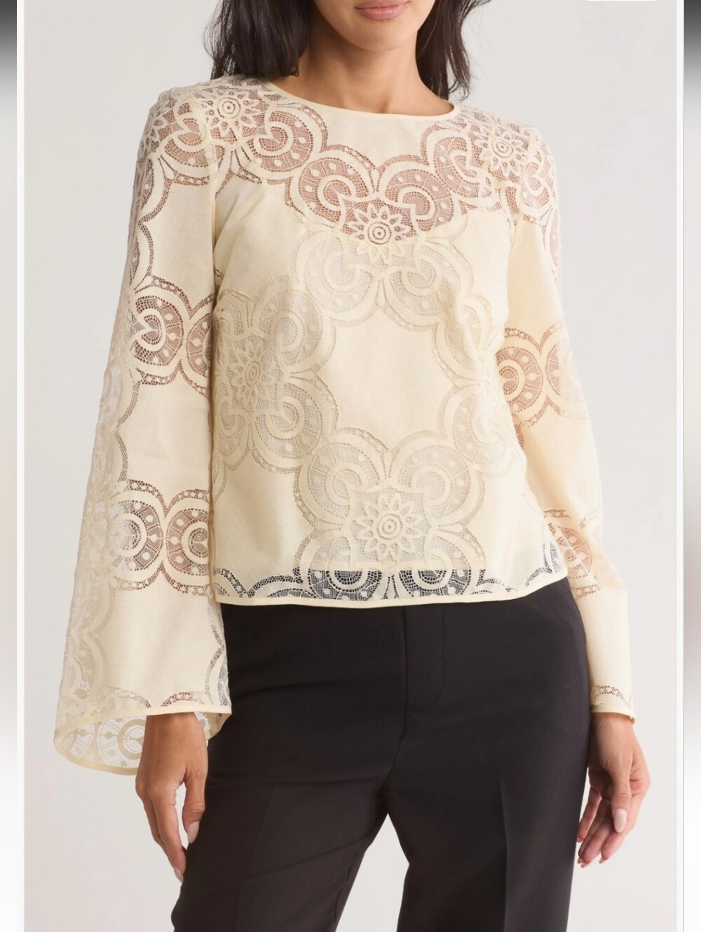 Parker Ivory Lace Bell Sleeve Blouse XS Boho Sheer Top